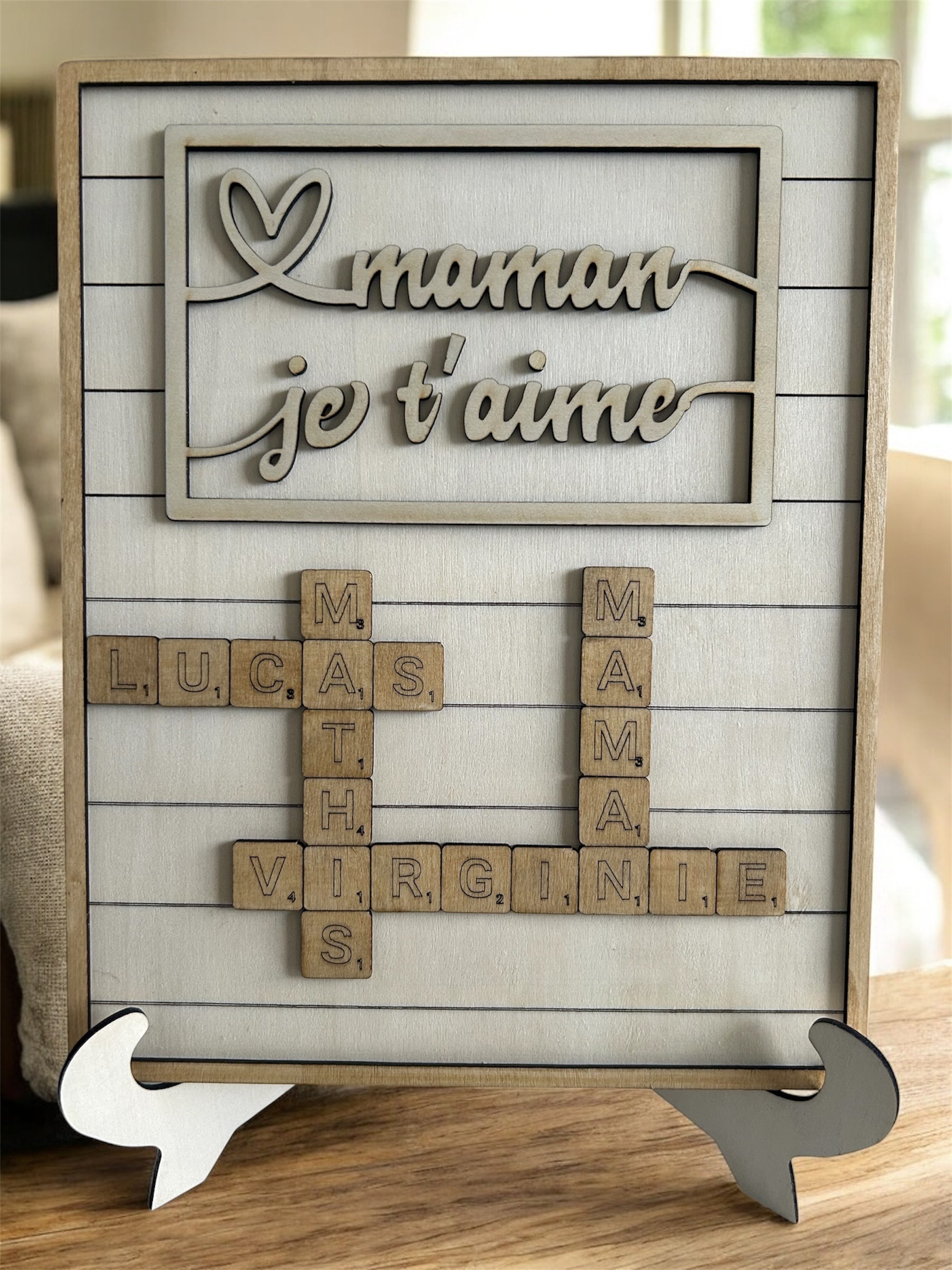 🧩 Cadre personnalisé en bois – Style Scrabble avec prénoms & message Ô cadeau unique