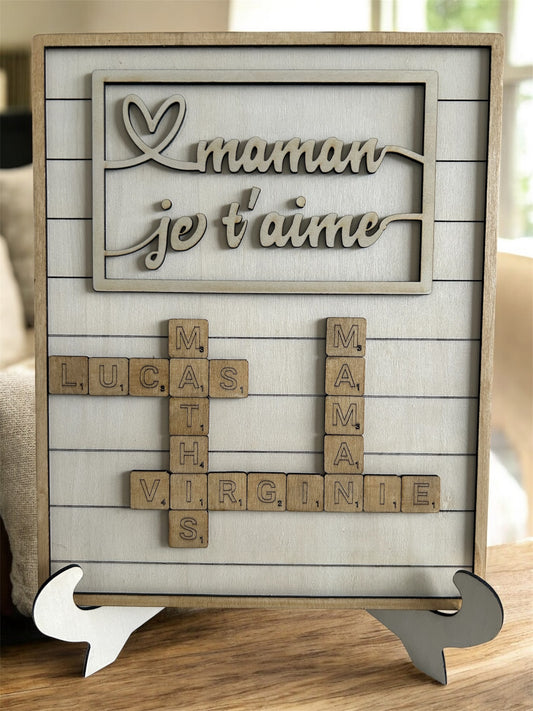 🧩 Cadre personnalisé en bois – Style Scrabble avec prénoms & message