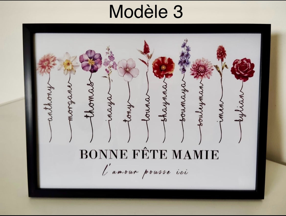 💐 Cadre fleurs du jardin personnalisé – Prénoms enfants, petits-enfants, arrière-petits-enfants