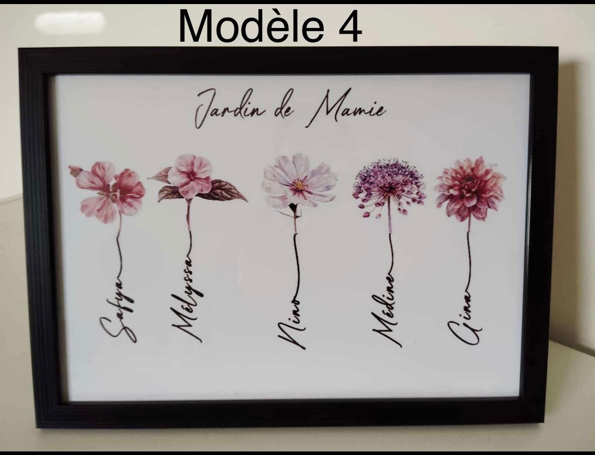 💐 Cadre fleurs du jardin personnalisé – Prénoms enfants, petits-enfants, arrière-petits-enfants