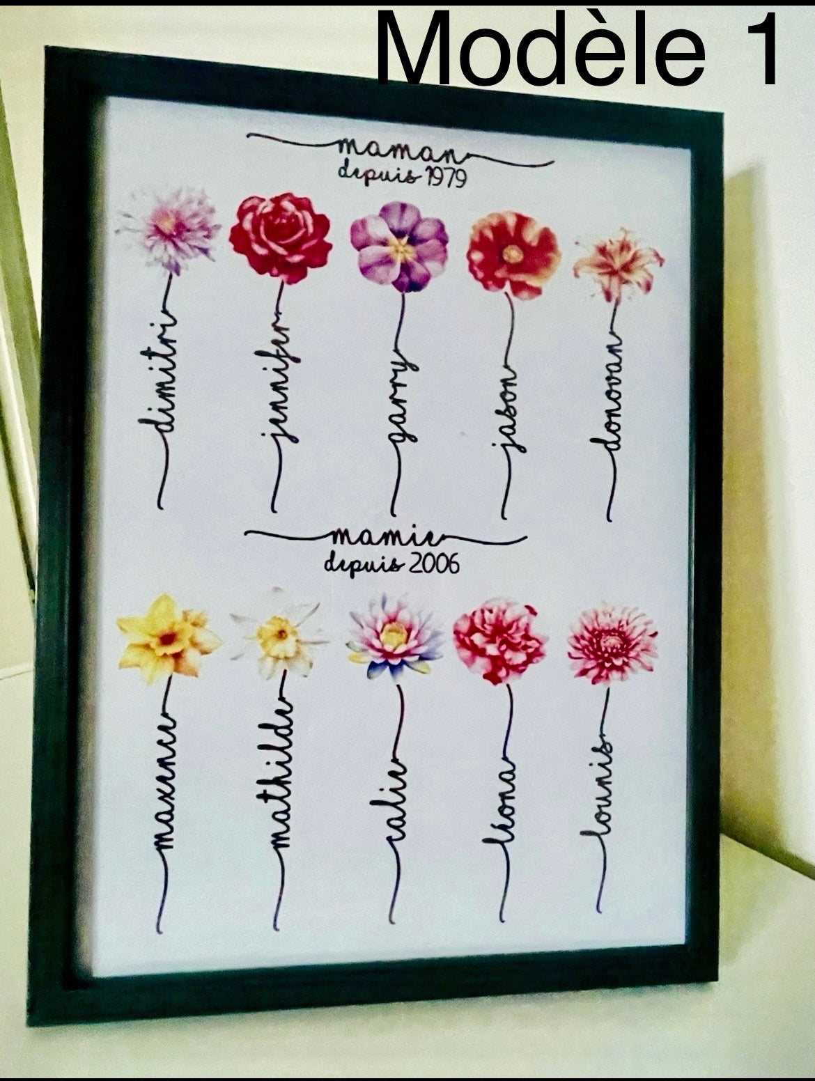 💐 Cadre fleurs du jardin personnalisé – Prénoms enfants, petits-enfants, arrière-petits-enfants