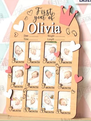 Cadre photo “Première année de bébé” en bois personnalisé
