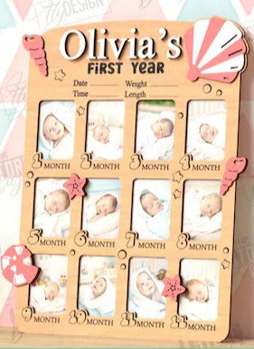 Cadre photo “Première année de bébé” en bois personnalisé